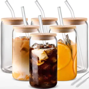 Drinking Glasses with Bamboo Lids and Glass Straw